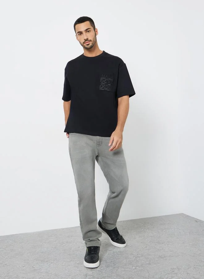 Styli Men Black Embroidered Oversized T-Shirt
